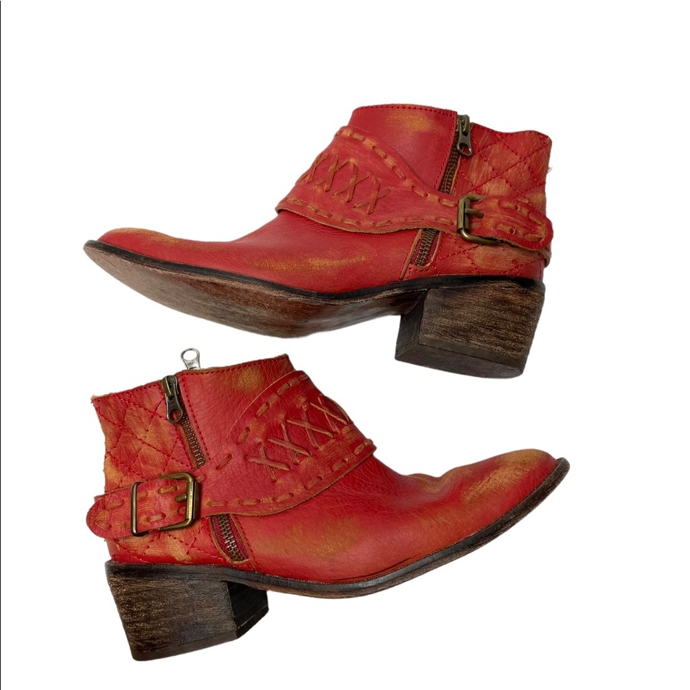 Bendito Pie | Red Leather Distressed Boho Ankle Booties 8